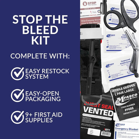 Stop the Bleed 10-Piece Bleeding Control Kit with tourniquet, gauze, chest seal, and emergency supplies shown with features listed.