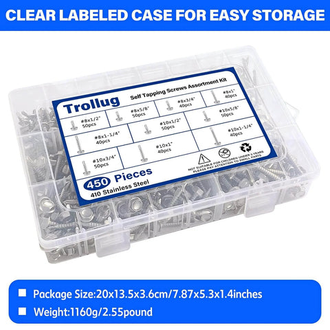 Clear Trollug self-tapping screws assortment kit in plastic storage box; 450 pieces, 410 stainless steel, silver.