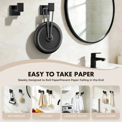 Matte Black 5 Piece Bathroom Hardware Set Made Of SUS304 Stainless Steel Wall Mounted Towel Bar Towel Ring Toilet Paper Holder And Two Towel Hooks For Rust Resistant Durability And Modern Bathroom Organization displayed in bathroom with decorative theme.