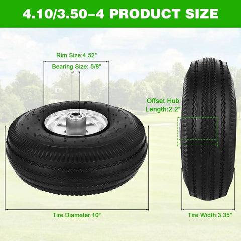 10 Inch Pneumatic Wheel Set With 4.10/3.50-4 Tire, 2.2 Inch Offset Hub And 5/8 Inch Bearings, product dimensions and specifications