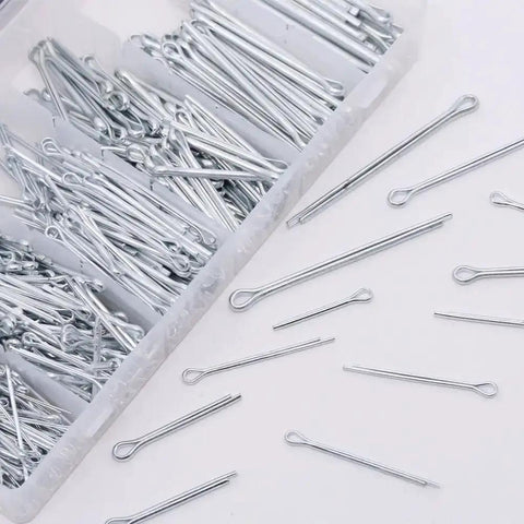 Ultimate 555-Piece Heavy Duty Cotter Pin Assortment Kit with Tough Zinc Plated Steel visible in open case with various sizes