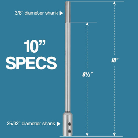 Heavy Duty Six Inch And Ten Inch Forstner Bit Extension Set For Three Eighths Inch Shank Bits Extends Drilling Depth To Eight And A Half Inches Perfect For Woodturning Furniture Making And Carpentry Projects showing 10 inch extension.