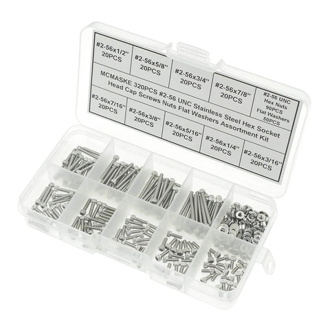 304 Stainless Steel Socket Knurled Head Cap Screws Size 2 56 UNC, 320 Piece Hardware Kit With Hex Nuts And Flat Washers in plastic box
