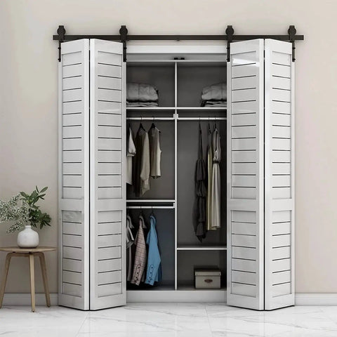 60 Inch Bi Folding Sliding Barn Door Hardware Track Kit With Side Mounted Black Rollers Smooth And Quiet Operation, installed over white closet
