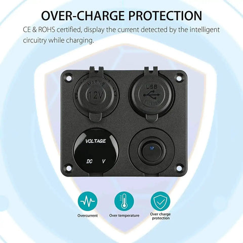 Front view of 4 In 1 Car Charger Panel With LED Voltmeter And Dual USB 4.2A Fast Charge Cigarette Lighter Socket LED Rocker Switch 12V 24V