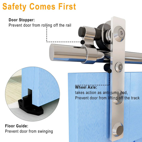 16 Feet Sliding Barn Door Hardware Kit Heavy Duty Stainless Steel Track Brushed Nickel For Double Wood Doors, close-up view