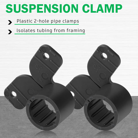 Butterfly-style 1/2 in pipe clamps, two black, for PEX, copper, CPVC.
