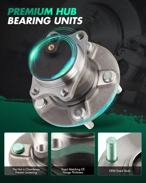 Top view of Two Pack Rear Wheel Hub Assembly For Mitsubishi Lancer 2008 To 2016 2.0L 2.4L Outlander 2008 To 2013 Outlander Sport 2011 To 2012 5 Lug FWD Part 512394 with detailed features including nut design, flange thickness, and stud size.