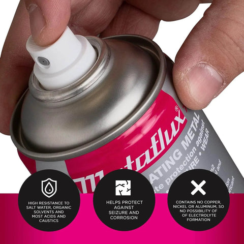 Person holding anti seize lubricant spray for all metals with long lasting protection against seizure and corrosion