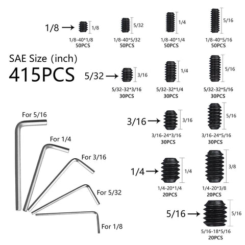 1000 Piece Set Screw Assortment Kit With Metric And SAE Internal Hex Drive Cup Point Grub Screws 12 9 Grade Alloy Steel M3 To M8 And One Eighth To Five Sixteenth Inch Sizes Cup Point Fasteners For Secure Slippage Resistant Installations showing SAE sizes and hex keys.