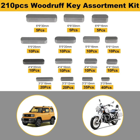 210 Piece Metric Woodruff Key Set with 15 sizes shown in a grid layout for flywheel pulley shaft keyways and fasteners.