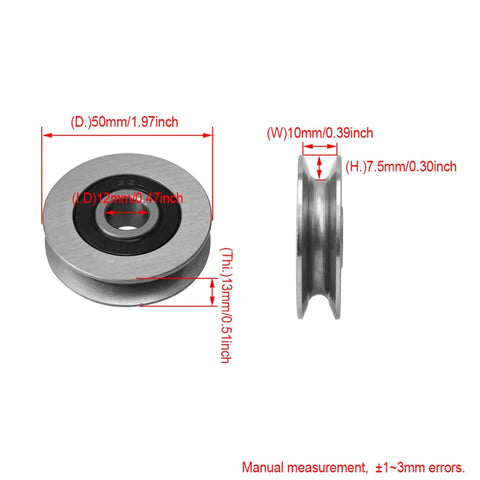 Built Tough Heavy Duty Iron Bearing Cable Pulley With U Shape Groove Wheel Idler For Industrial Equipment 512 KG Load Capacity Precise 5X1.2X1.3 Cm Size OD X ID X H Steel Wheel CNBTR with dimensional measurements side and front view shown.