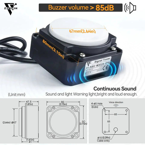 Compact 24V LED signal tower light with 3-color beacon, black square mount, dimensions 67mm x 80mm, continuous sound, for industrial use.