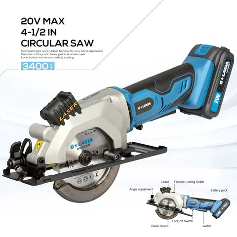 Pro Grade Mini Cordless Circular Saw With Laser Guide And Rip Guide For Precise DIY Cuts, 4-1/2 Inch Blade, 3400 RPM No-Load, Blue