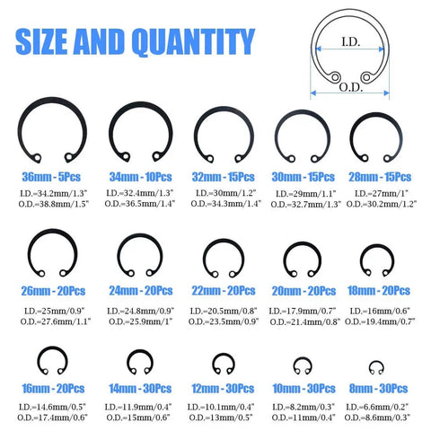 Ultra Tough Internal Circlips Snap Ring Assortment Kit, 300 Pcs, 15 Metric Sizes, with size chart, Black Alloy Steel.