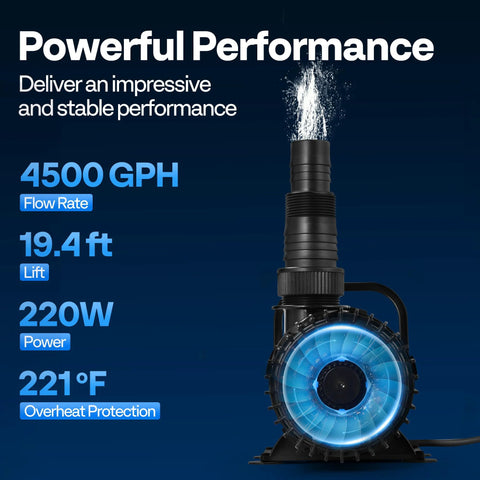 VIVOHOME 220W submersible pond pump with adjustable nozzle and blue LED ring