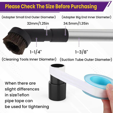 Two Pack Vacuum Hose Adapter For Connecting One And Three Eighths Inch Outer Diameter To One And Quarter Inch Inner Diameter, Plastic Cleaner Hose Connector Reducer, Dust Collection Accessory, Fits Most Vacuums, Durable Black with brush attachment and tape