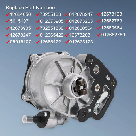 RADHLBNIU brake vacuum pump with gasket, aluminum housing and black mounting plate, angled side view