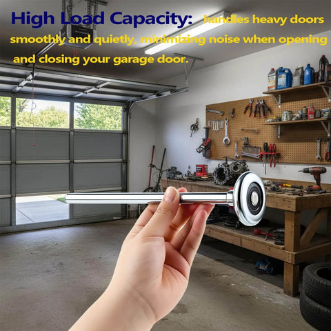 Person holding 2-Pack 9 Inch Long Stem Steel Garage Door Roller for 2-Inch Track in a garage, showing heavy-duty construction.