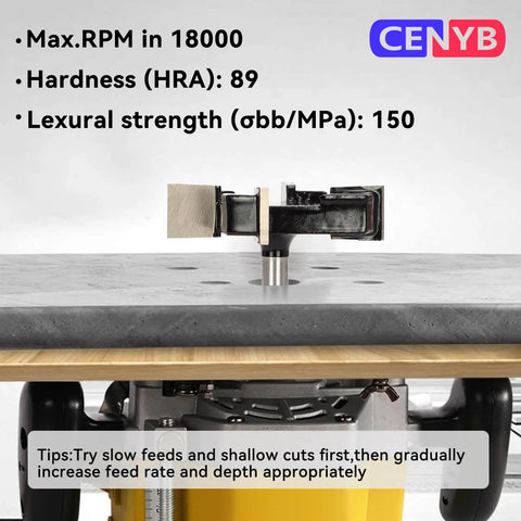 Boss Spoilboard Surfacing Slab Flattening Router Bit With Four Flutes, One Quarter Inch Shank installed on a router table.
