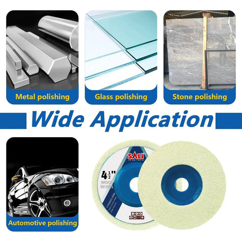 Rugged 10 Pack 4.5 Inch Wool Felt Polishing Wheel Discs For 4-1/2 Inch Angle Grinders With 7/8 Inch Arbor And 8mm Thick Buffing Pads For Metal Marble Stone Furniture And Cars SALI. Wide application for metal, glass, stone, automotive polishing.