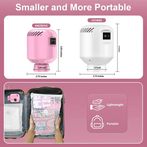 Comparison of pink and white Electric Vacuum Pump For Storage Bags Portable Vacuum Bag Pump With One Button Push, shown in a suitcase.
