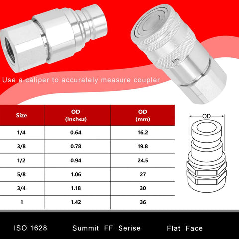 Two chrome Hoqqf 1/2 in NPT flat-face hydraulic couplers with dust covers