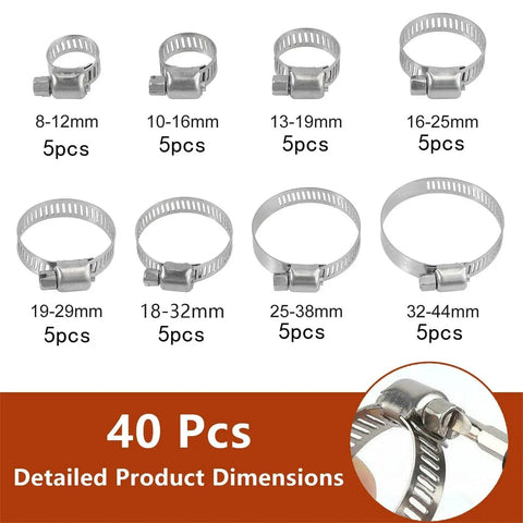 Stainless Steel Worm Gear Hose Clamps Set Of 40 Pcs Adjustable 8 To 44mm Range With 8 Sizes Layout And Detailed Dimensions