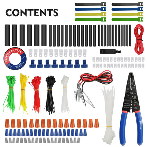WORKPRO 582-piece electrical repair kit with crimp terminals, wire connectors, heat shrink tubes, and a blue-handled crimping tool