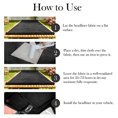 Step-by-step process of installing Suede Headliner Fabric With Foam Backing For Auto Interiors 96x60 Black shown on table.