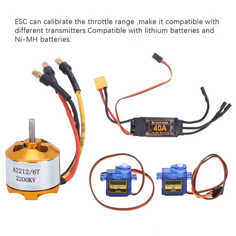 RC Plane Motor Kit With SG90 Servo 2212 KV2200 Brushless Motor 6035 Propeller 40A ESC XT60T components displayed