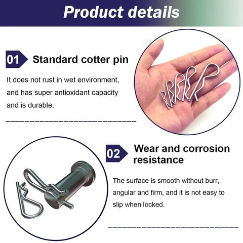 Heavy Duty 90 Piece Stainless Steel Hitch Pin Clip R Clips Retaining Pins Cotter Pin Hair Pin Spring Clip Retainer Kit With Six Sizes For Tractors Trucks And Engine Repair 304 Stainless Steel Assortment IronKing shown in hand and detailed part view