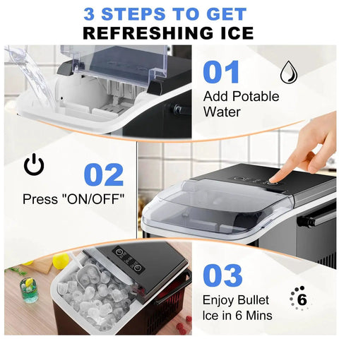 Portable Countertop Ice Maker With Handle 9 Cube Ice In 6 Minutes Auto Clean showing steps for adding water, operating, and ice production.