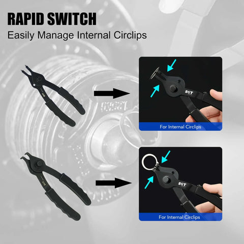 Heavy Duty Snap Ring Pliers Set Pro Grade With 10 Piece Internal And External Circlip Pliers Including Bent And Straight Tips Plus Hook And Pick Storage Case And Gloves For Easy Ring Removal in use for internal circlips.