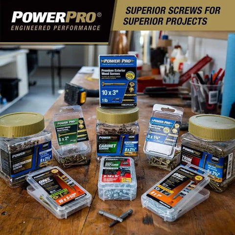 Various PowerPro screws displayed on a workbench, including packages labeled for different materials and sizes.