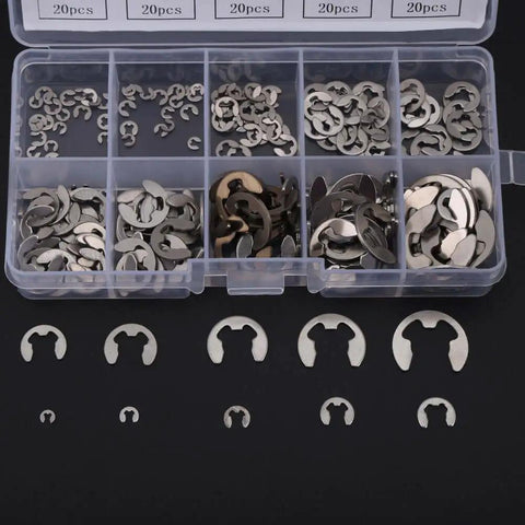Heavy Duty E Clip Retaining Clip Kit For Gears Pulleys Axles And Engines, Heat Treated 304 Stainless Steel External Circlips, 200 Piece Assortment From 1.5mm To 10mm, Ideal For Locking Mechanisms And Anti Walk Washers shown in a transparent box.