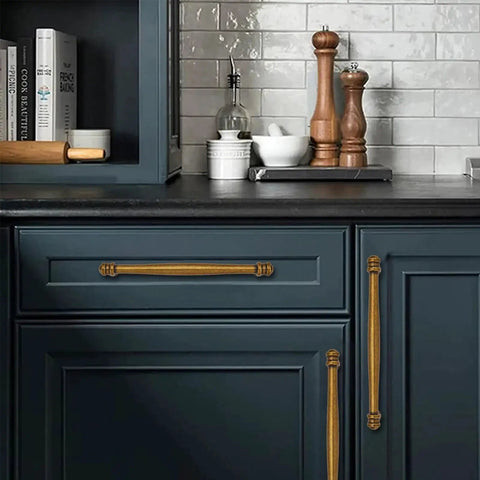 10 Pack Center To Center Three And A Half Inch Antique Brass Cabinet Pulls on dark blue kitchen cabinets