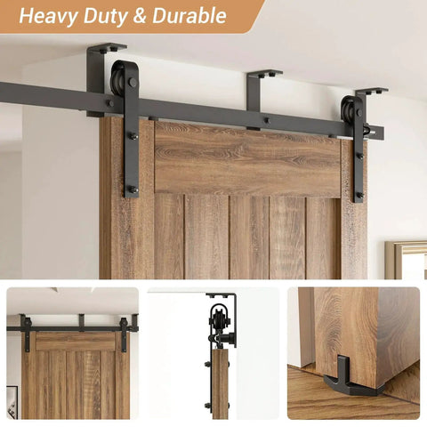 10 Ft Ceiling Mount Sliding Barn Door Hardware Kit Black With Low Ceiling L Shape Bracket System installed on wooden door.