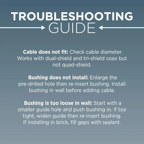 Troubleshooting guide for Dual Feed Through Bushing For RG6 Coaxial Cable Pass Through Grommet For Walls And Cabinets Indoor Outdoor White 10 Pack.