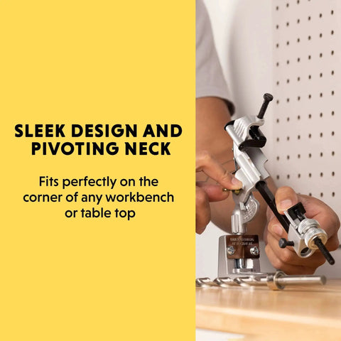 Sleek Drill Bit Sharpening Attachment No 825 with pivoting neck, shown mounted on workbench, demonstrates adjustable angles.