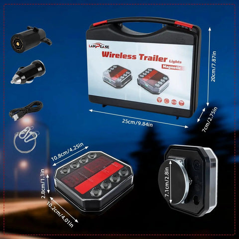 Lampease wireless trailer light kit with magnetic mount, rechargeable LED brake/turn/reverse lights; compact hard case.