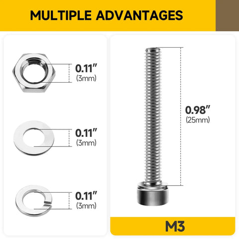 M3 Screw Kit 100 Sets Includes 304 Stainless Steel Socket Head Cap Screws 25mm With Nuts, Washers, And Hex Spanner Bright Finish
