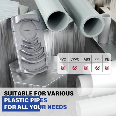 Deburring Tool For Plastic Pipe And PVC Reamer With Sharp Blade shown with PVC, CPVC, ABS, PP, PE pipes for various sizes.