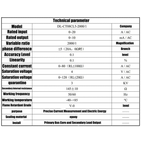 Technical specifications of Two Piece Set DL CT08 CL5 20A 10mA Current Transformer 2000 1 0 To 120A Micro CT Sensor