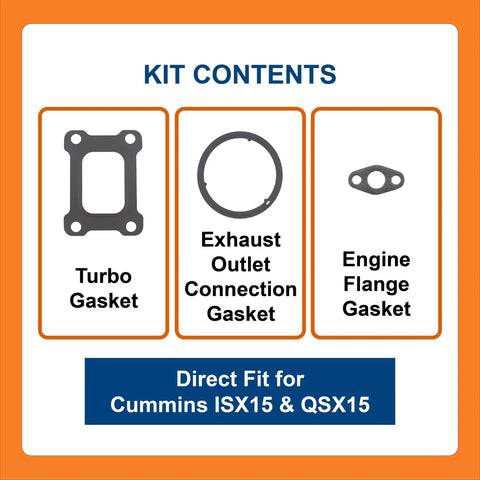 Turbo gasket kit contents: turbo gasket, exhaust outlet gasket, engine flange gasket for Cummins ISX15/QSX15