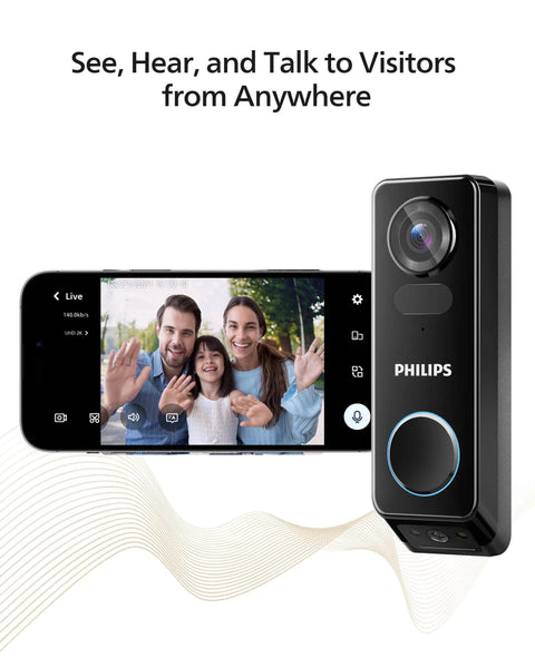 Dual Cameras 2K QHD Video Doorbell With Motion Detection, Chime Included shown with smartphone app interface displaying family.