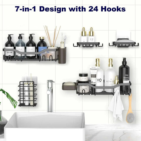 7 Pack Adhesive Shower Caddies With 24 Hooks Rustproof Stainless Steel Bathroom Shelves displayed on a tiled wall with toiletries.