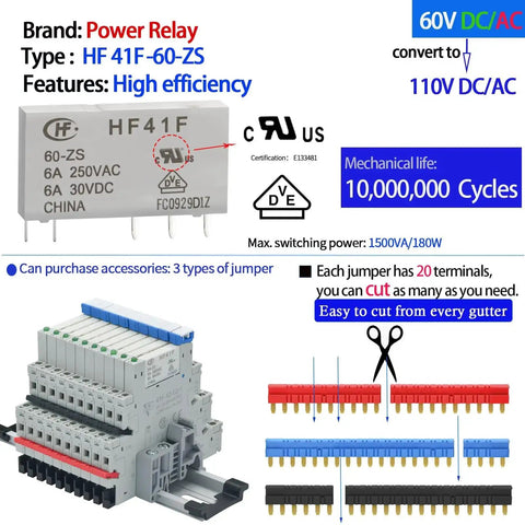 Diagram of Ultra Compact 110V AC DC Power Relay With LED Indicator No Fuss Easy Install SPDT 1NO 1NC 6 Amp Socket Base And DIN Rail Mount UL Listed 110V To 120V Subminiature Relay HF41F60ZS Style 3 Pack, showing relay features and components.