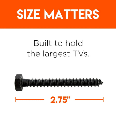 Close-up of 2.75 inch lag bolt from TV Mount Lag Bolt Kit For Wood Or Concrete With Heavy Duty Bolts Fischer Anchors And Drill Bits No Fuss Remount
