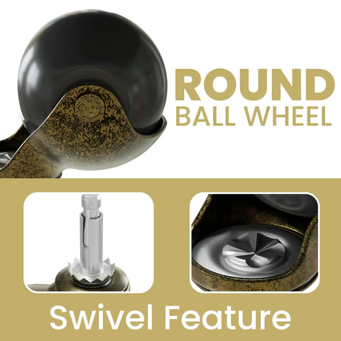Set of 4 Antique Brass Swivel Stem Ball Caster Wheels with Socket detail, showing round wheel and swivel feature close-up